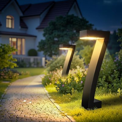borne solaire extérieur dans allée de jardin avec maison illuminée en second plan