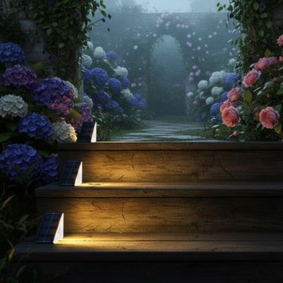 eclairage exterieur solaire économie d'énergie sur escalier en bois et allée fleurie