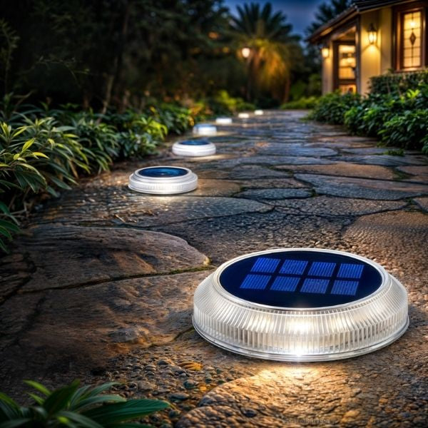 Lampe eclairage sol exterieur solaire rondes installées dans allée en pierre de jardin, LED étanche IP68 pour chemin terrasse extérieur