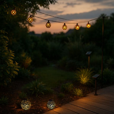 guirlande solaire extérieur avec capteur dans jardin