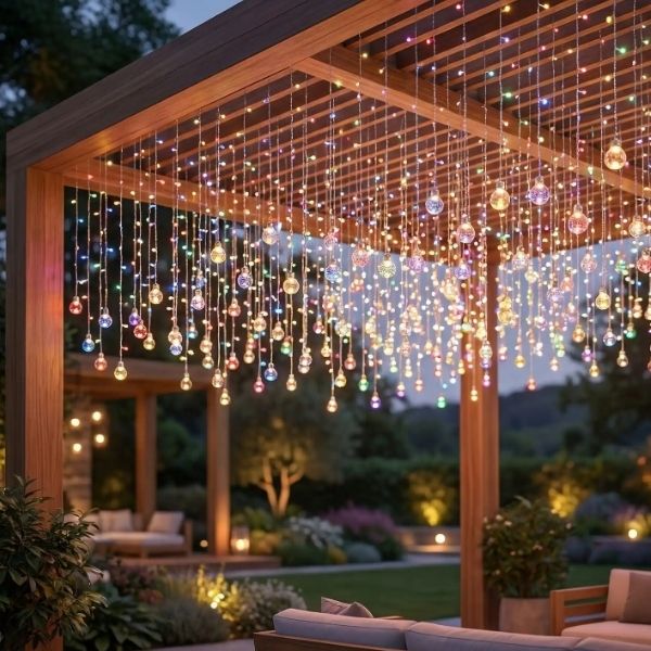 Guirlande solaire multicolore suspendue sous pergola exterieur ambiance chaleureuse avec nombreuses guirlandes lumineuses suspendues