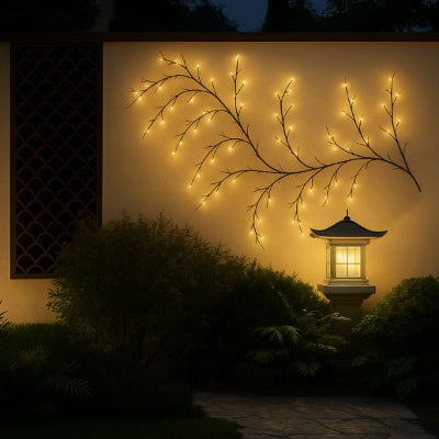 guirlandes solaires extérieures tous temps sur mur extérieur dans jardin