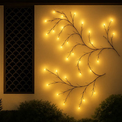 guirlandes solaires exterieures lumiere blanc chaud sur mur exterieur