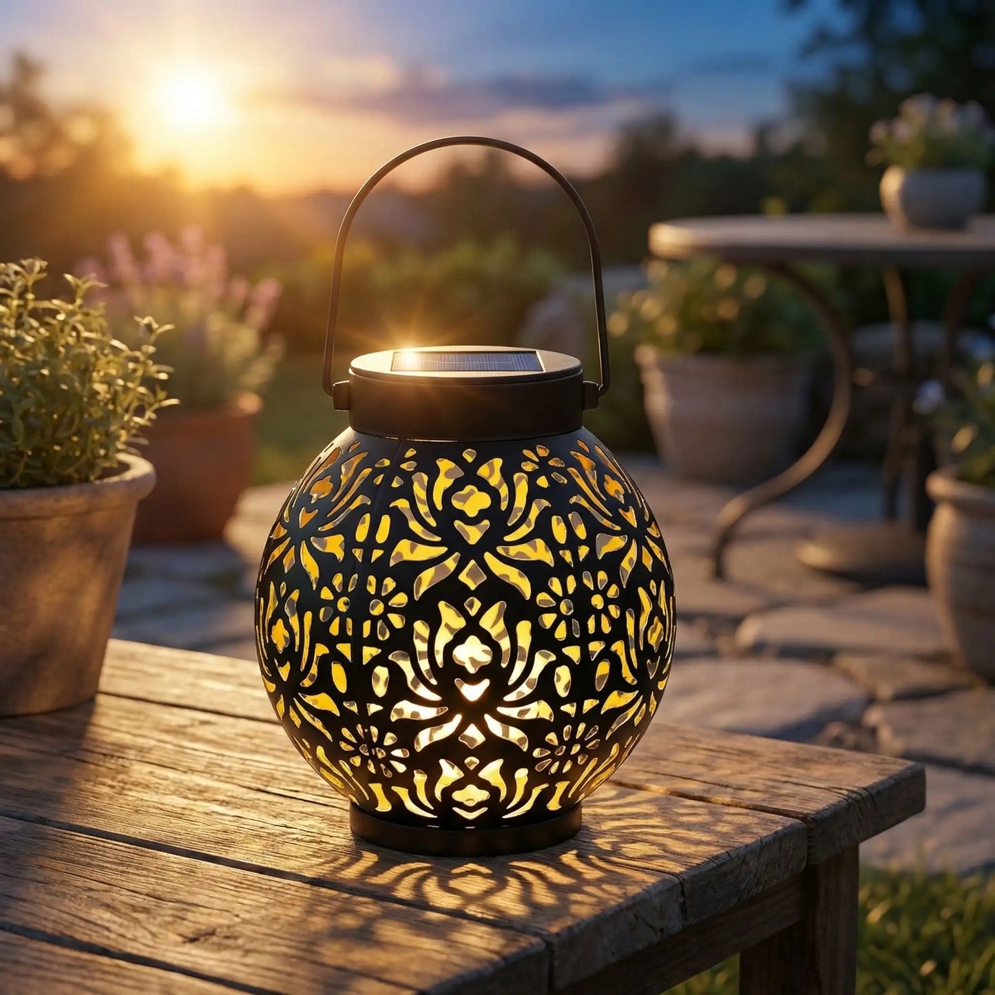 lanterne exterieur solaire posée sur une table avec un rayon de soleil sur le capteur dans jardin avec plantes au crépuscule