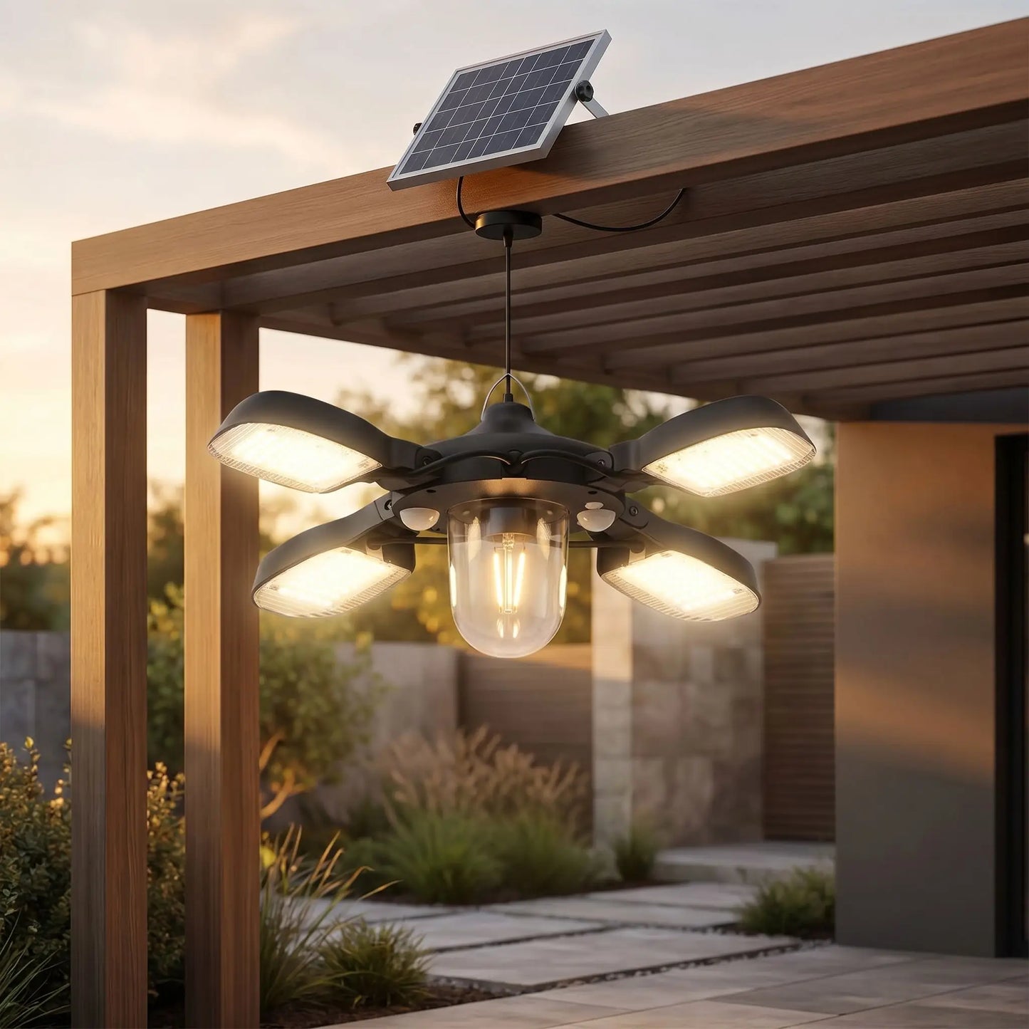 Luminaires suspension exterieur solaires avec panneau solaire déporté et éclairage LED 360° sous pergola extérieure