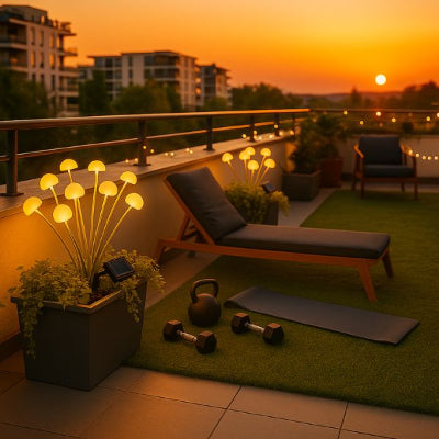 solaire lampe allumée, guirlandes solaires sur grande terrasse dans jardinières avec fauteuil, chaise longue, tapis de sport et altères. Joli coucher de soleil rouge.