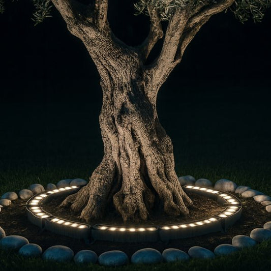 eclairage exterieur posé autour de l'arbre du jardin