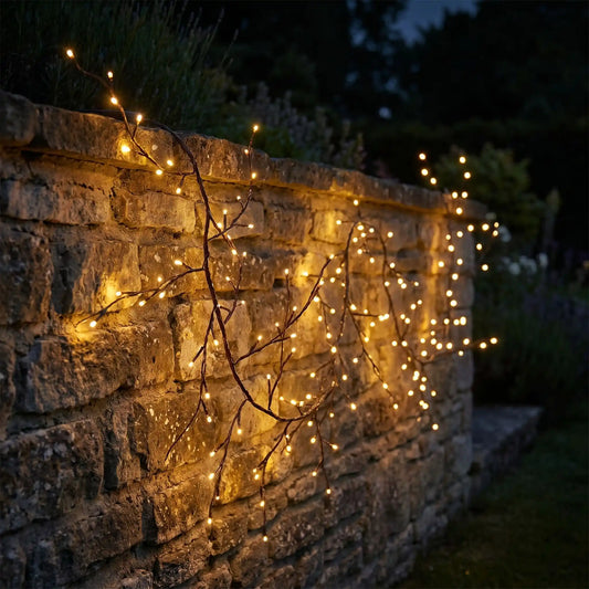 Guirlande lumineuse extérieur solaire style branche qui serpente sur un mur en pierre la nuit, lumière ambrée chaude, jardin soigné
