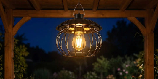 Suspension solaire extérieur style industriel vintage accrochée sous une pergola en bois la nuit, lumière ambrée chaude, jardin soigné en arrière-plan