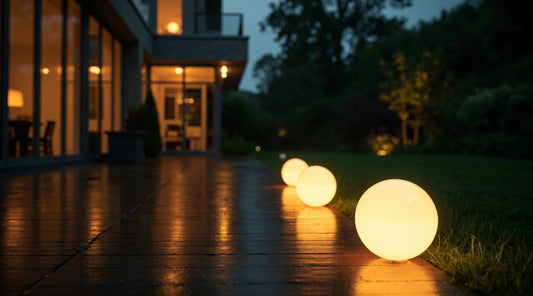 solaire lampe ronde blanc chaud au crépuscule sur terrasse et villa éclairée