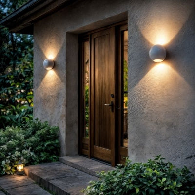 applique murale exterieure blanche à l'entrée d'une maison avec plantes vertes