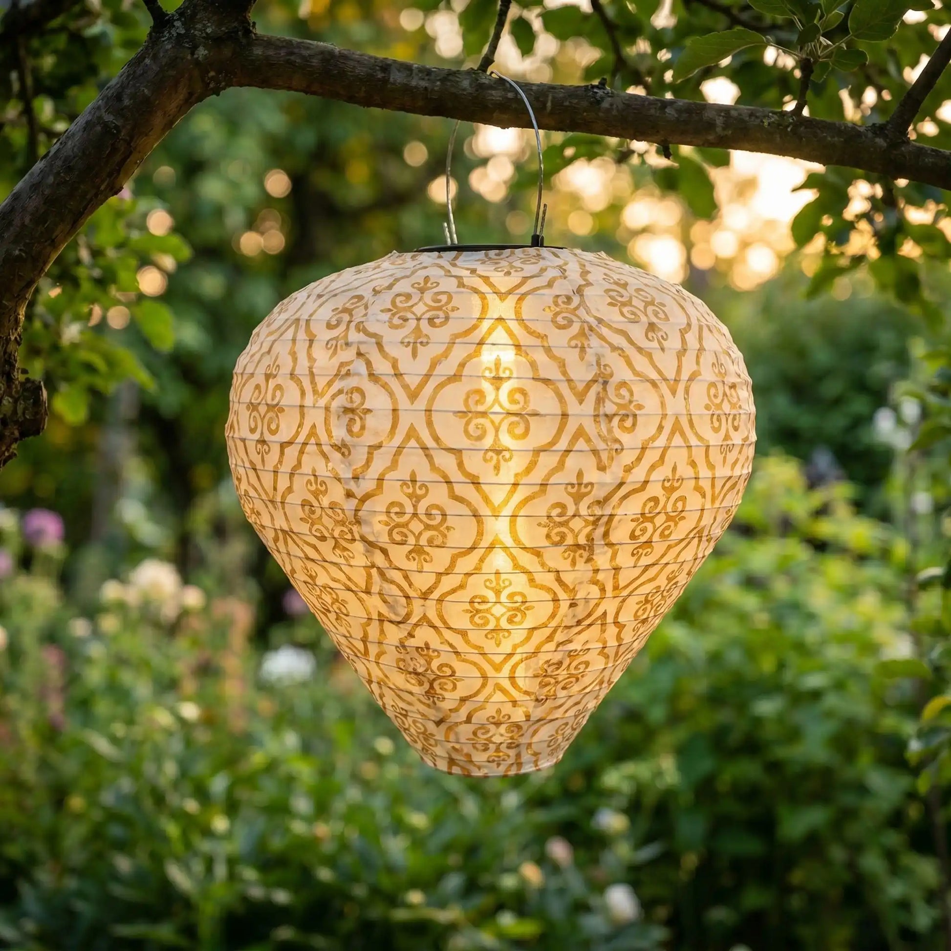 Lanterne solaire jardin jaune or motifs arabesques suspendue à une branche au coucher du soleil dans un jardin fleuri