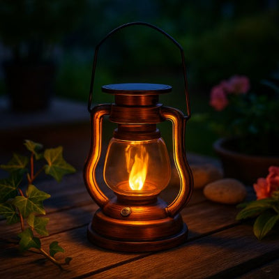 lanterne solaire allumée placée sur une table à l'extérieur avec lierre et plantes fleuries