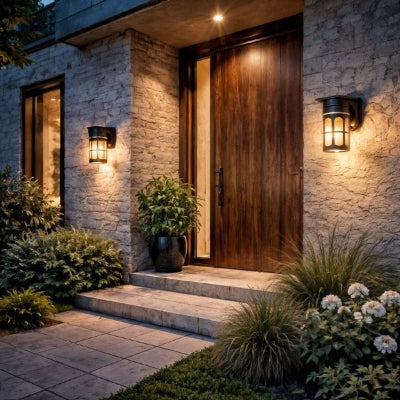 applique exterieur solaire éclairée à l'entrée d'une maison en pierres avec végétation et marches