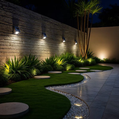 applique extérieur solaire illuminant une allée de jardin moderne avec lumière blanche