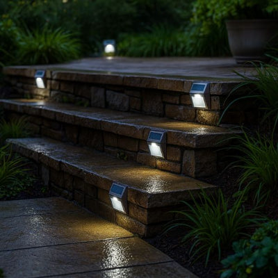 applique extérieur solaire positionnée sur des marches de jardin pour sécurité nocturne