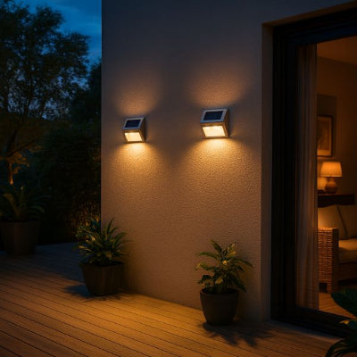 applique extérieur solaire installée à l’entrée d’une maison avec double lumière LED