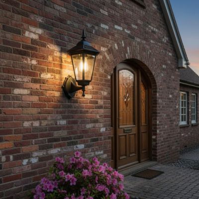 aplique exterieure solaire économie d'énergie sur mur en briques rouges à l'entrée d'une maison