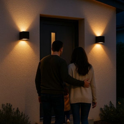 Applique murale extérieur illuminant entrée moderne avec famille devant la porte.