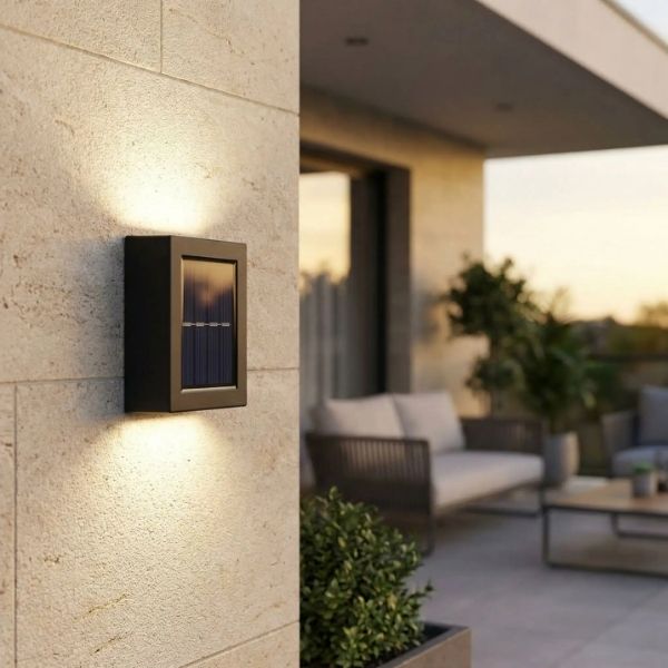 Applique murale exterieur solaire noire avec panneau solaire frontal diffusant une lumière blanc chaud vers le haut et le bas sur mur terrasse moderne