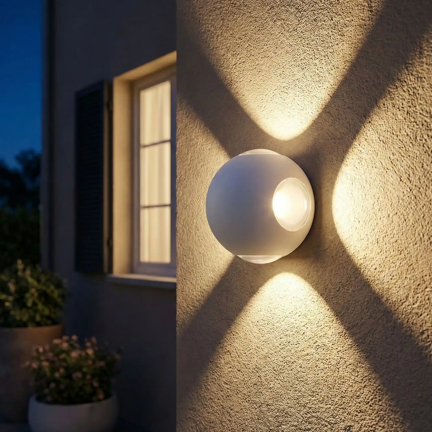 applique murale exterieure blanche sur mur avec quatre faisceaux lumineux, fenêtre avec lumière et pots de fleur