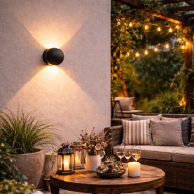 applique murale exterieure éclairant coin terrasse en été avec salon de jardin, coussins, table basse, verres à vin, lanternes et plantes