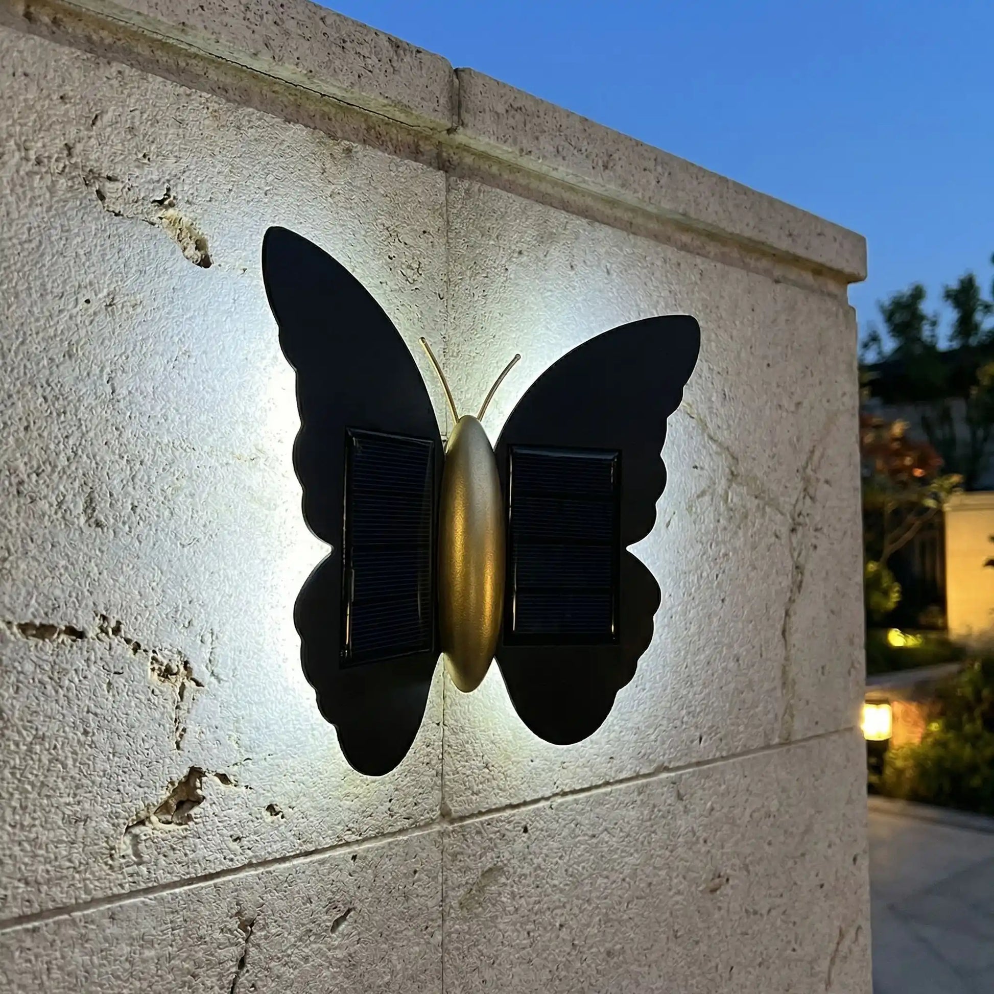 applique solaire exterieur blanc froid sur muret, jardin et lumière en arrière plan