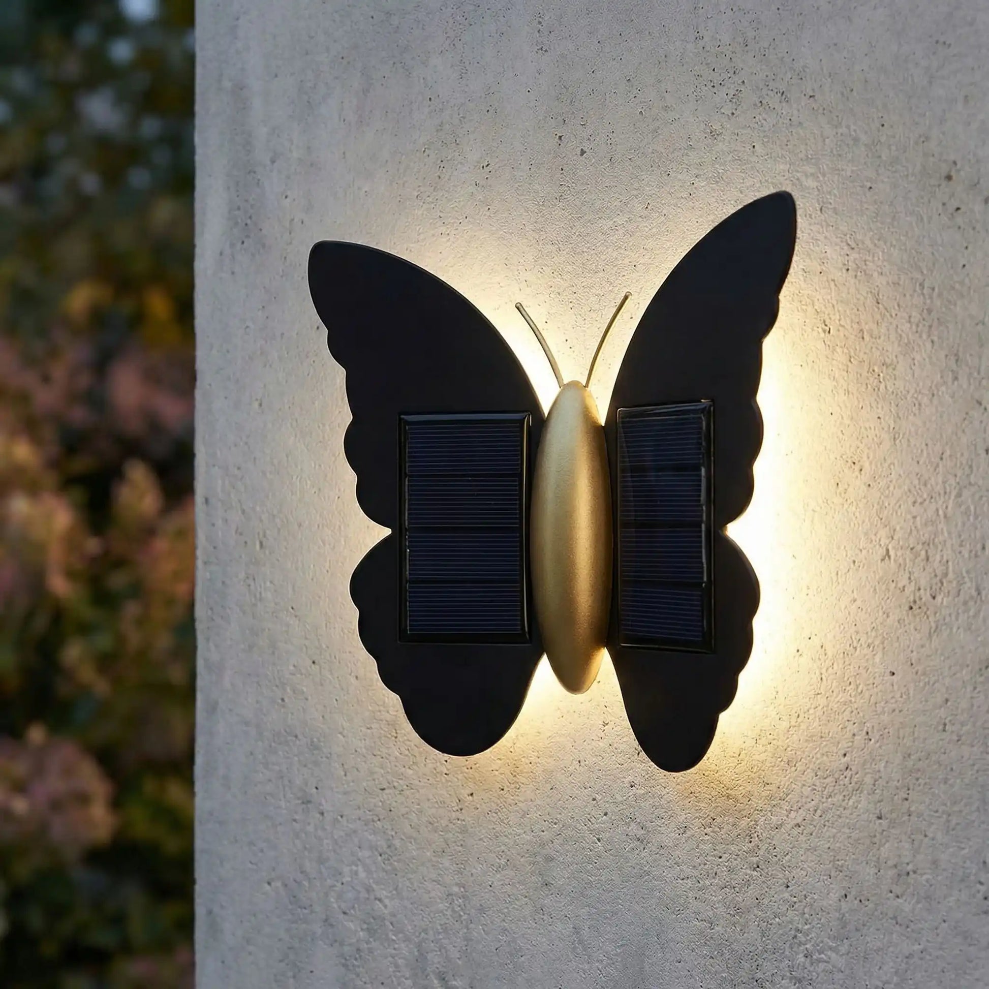 applique solaire exterieur sur mur émission de couleur blanc chaud avec végétation en second plan