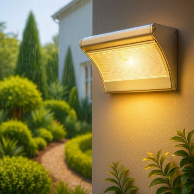 applique solaire exterieur lumière blanc chaud sur mur et jardin paysagé