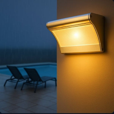 applique solaire exterieur résistant aux intempéries temps pluvieux en bord de piscine