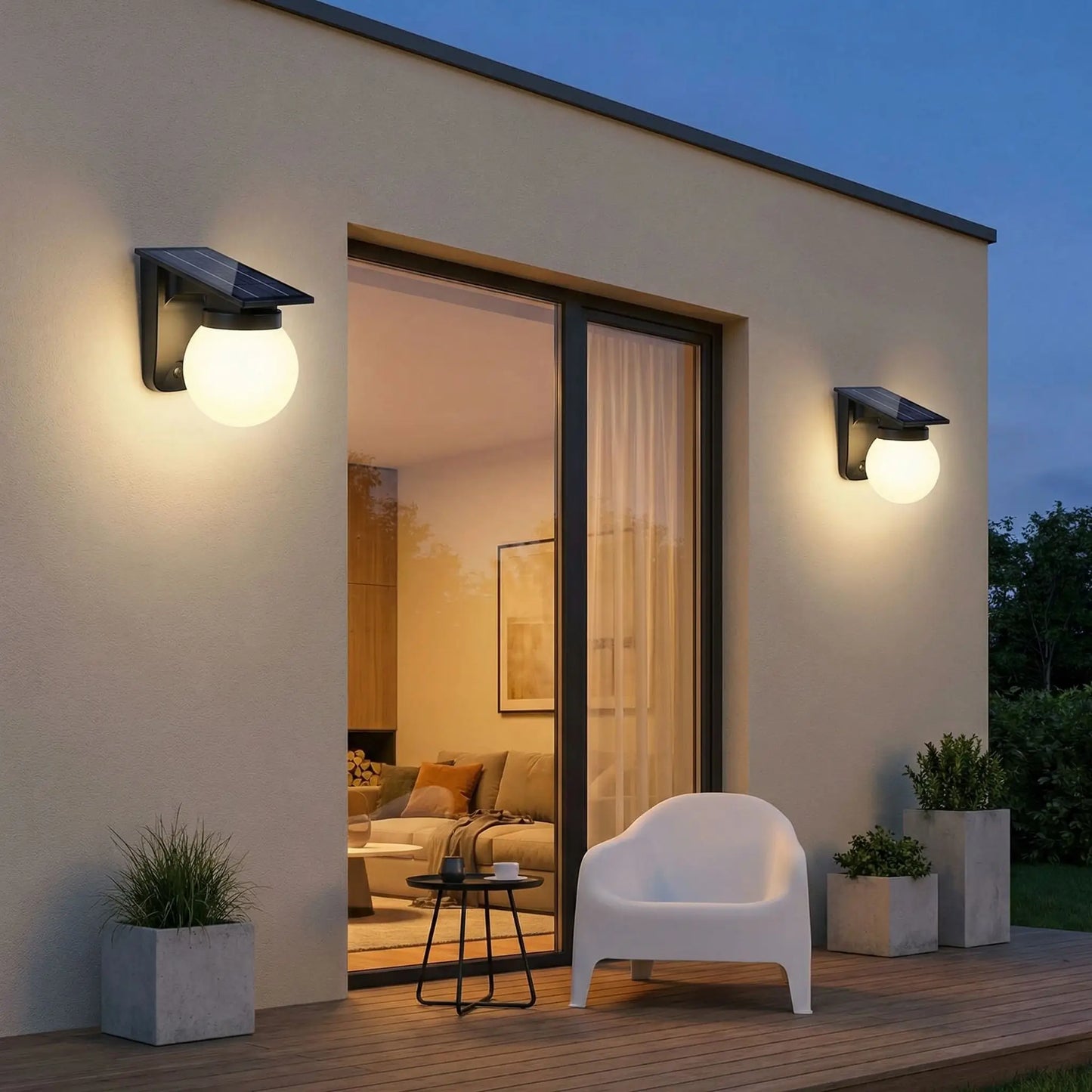 appliques exterieures solaires sur devanture maison contemporaine avec baies vitrées, un fauteuil, table basse et bacs à fleur. On aperçoit l'intérieur avec un canapé, lumière chaude.