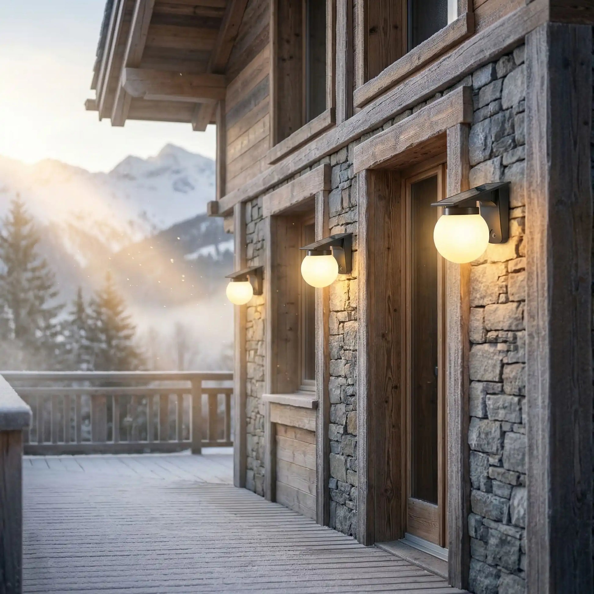 appliques exterieures solaires sur devanture chalet montagnard au lever du soleil avec montangnes enneigées