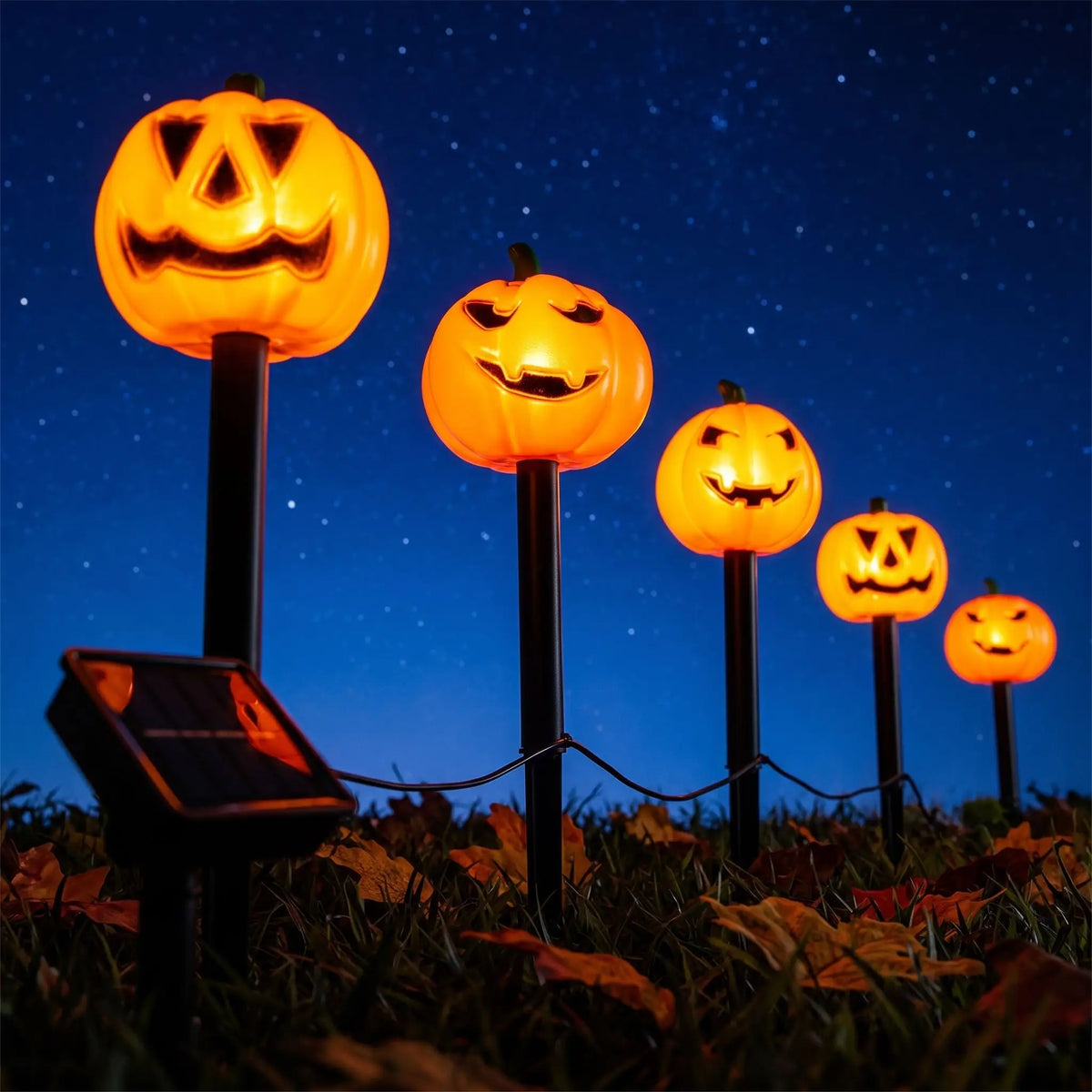 Rangée de decorations citrouille halloween à piquets solaires allumées sous un ciel étoilé