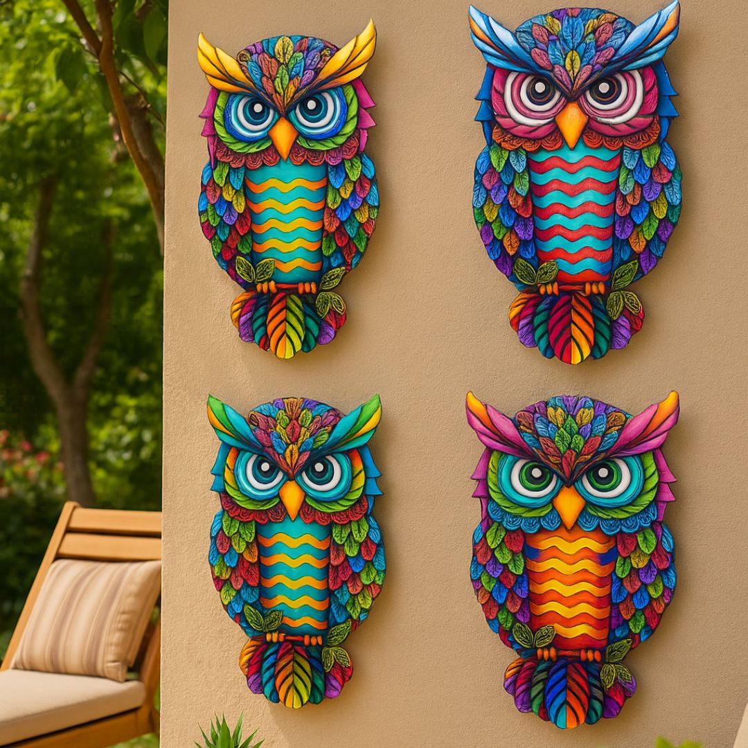Quatre hiboux décoratifs en métal multicolore accrochés à un mur beige sur une terrasse arborée, avec un fauteuil en bois et une table basse, décor jardin lumineux et convivial.