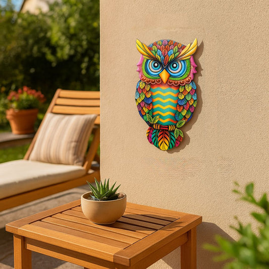 Décoration jardin hibou coloré jaune accroché à un mur d'une maison sur la terrasse