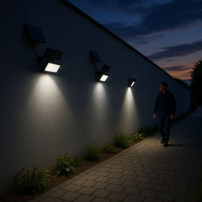 Éclairage extérieur solaire avec détecteur installé sur la façade d’une maison moderne.