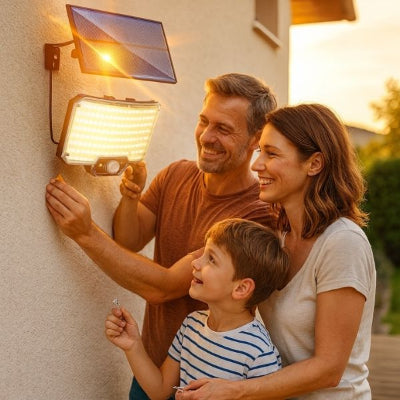 Famille installant un éclairage extérieur solaire avec détecteur sur la terrasse au coucher du soleil.