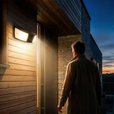 eclairage exterieur solaire avec detecteur sur entrée de maison en bois