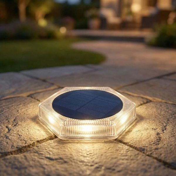 Eclairage sol exterieur solaire blanc chaud autonome installé sur terrasse étanche IP68