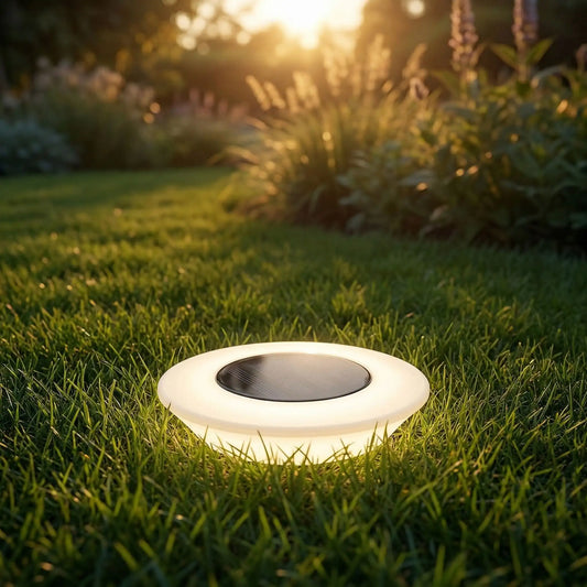 Eclairage sol exterieur solaire LED blanc chaud pour jardin, lampe encastrée dans pelouse avec lumière douce, éclairage extérieur étanche pour allée et terrasse.