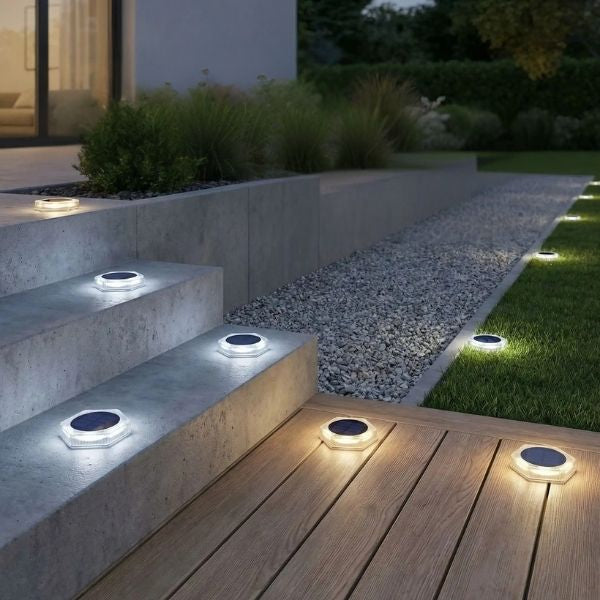 Eclairage sol exterieur escalier LED solaire installation adhésive lumière blanc chaud et froid