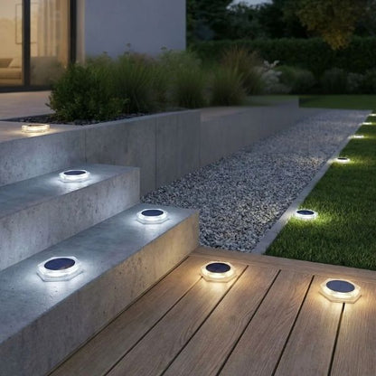 Eclairage sol exterieur escalier LED solaire installation adhésive lumière blanc chaud et froid