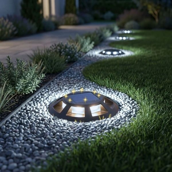 Eclairage sol exterieur solaire LED blanc froid encastre dans allee jardin avec balisage lumineux sol exterieur
