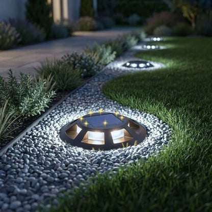 Eclairage sol exterieur solaire LED blanc froid encastre dans allee jardin avec balisage lumineux sol exterieur