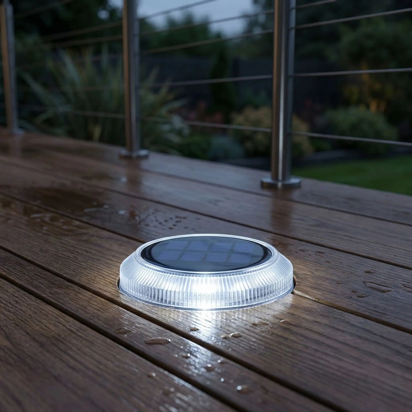 Eclairage sol exterieur solaire blanc froid sur terrasse bois, éclairage LED étanche IP68 résistant pluie pour jardin terrasse balcon