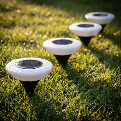Lampes solaires eclairage sol exterieur installées dans pelouse de jardin pour allée, bordure et terrasse, éclairage LED étanche IP65