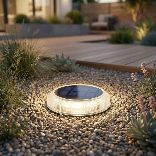Eclairage sol exterieur solaire blanc froid sur terrasse bois, éclairage LED étanche IP68 résistant pluie pour jardin terrasse balcon