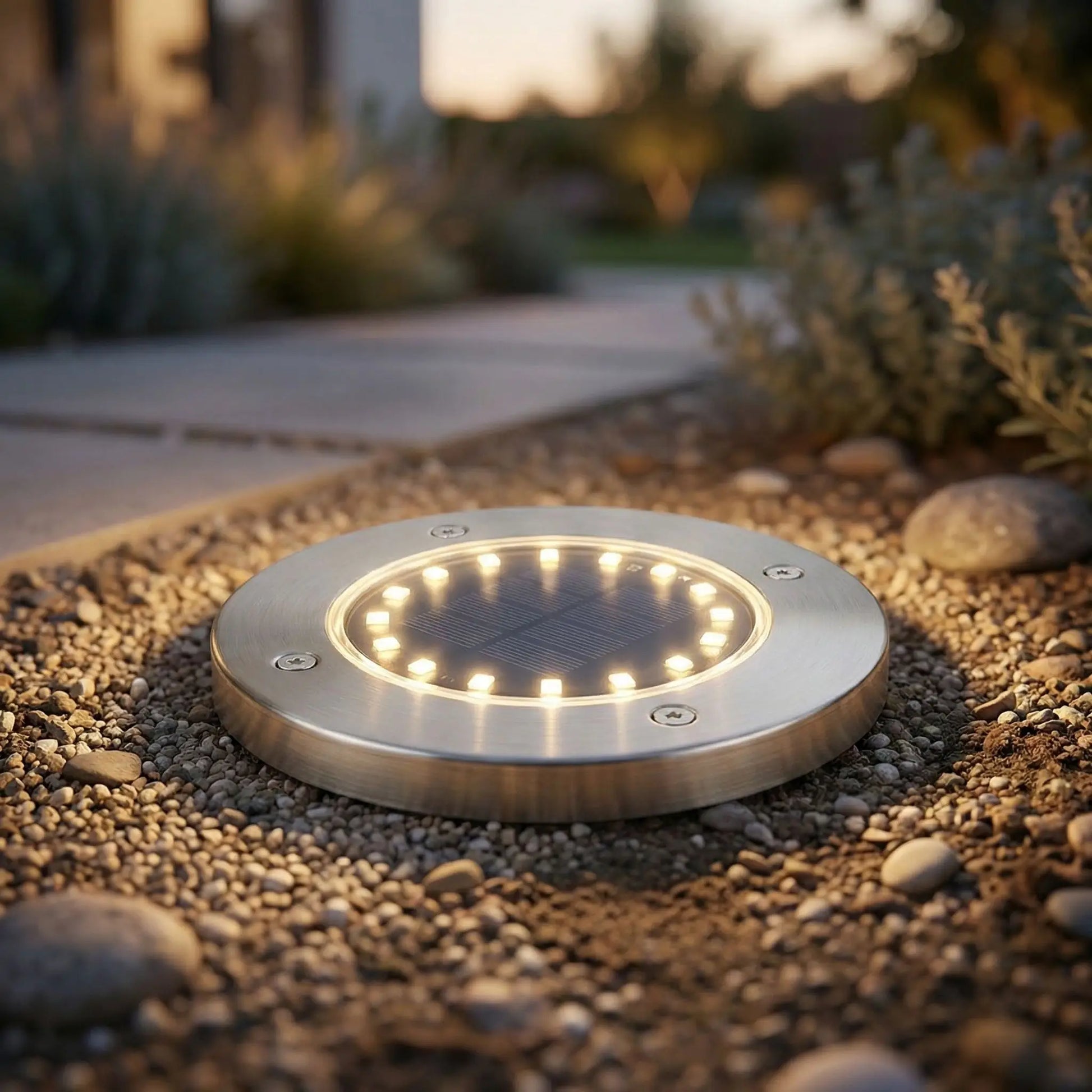 Eclairage sol exterieur solaire LED blanc chaud encastré dans le sol pour allée de jardin autonomie 8 à 10 heures