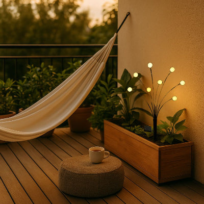 Éclairage solaire extérieur en boules lumineuses blanches chaudes pour balcon cosy et détente