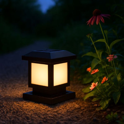 eclairage solaire exterieur étanche dans allée au crépuscule